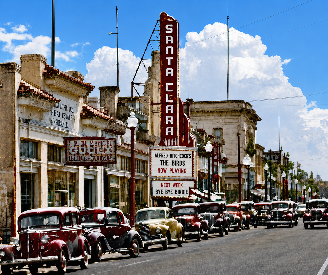Downtown Santa Clara in 1963, with storefronts and the SANTA CLARA blade sign on a busy main street.