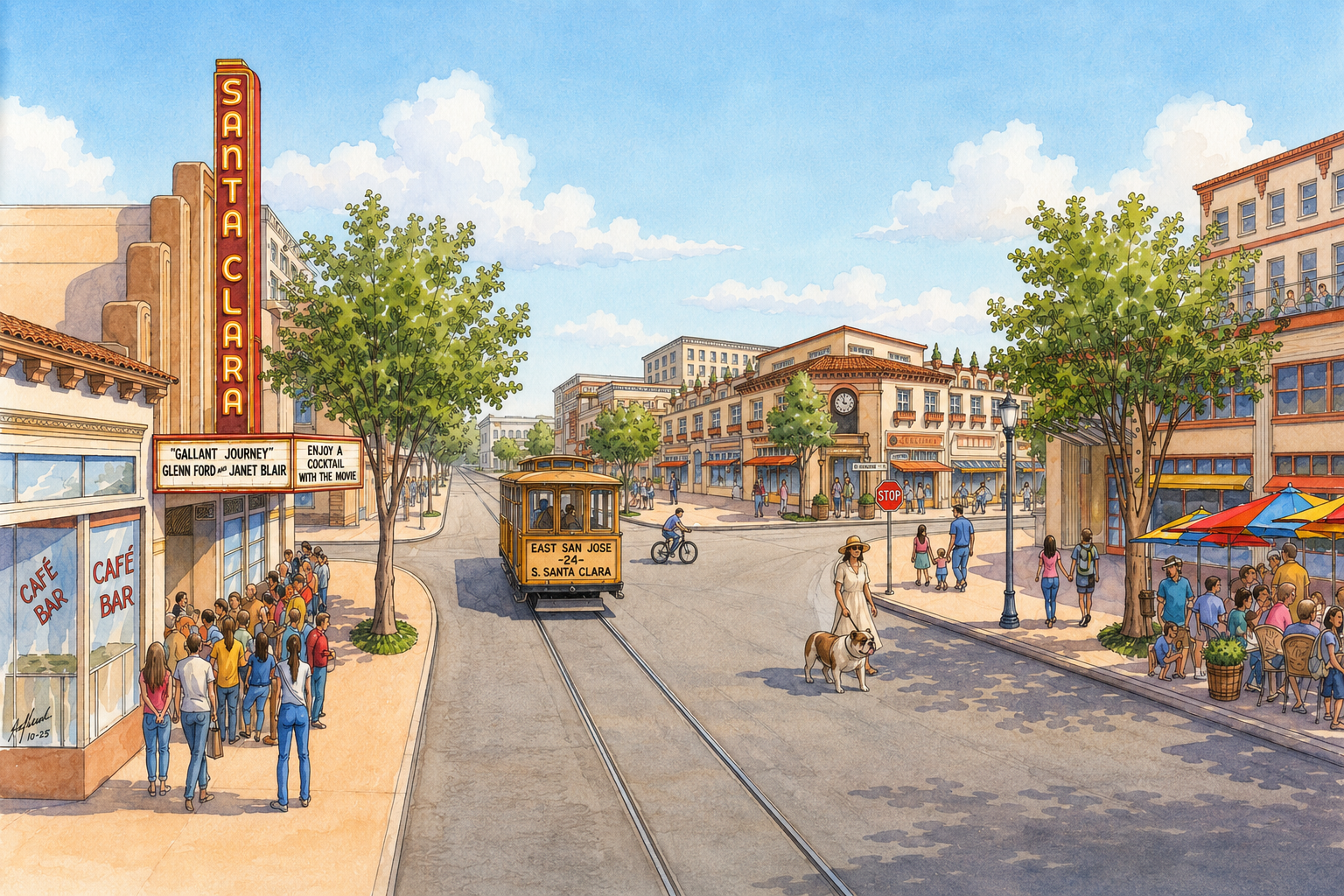Daytime rendering of a rebuilt Downtown Santa Clara: a lively street with the SANTA CLARA theater marquee, a trolley, cafes and people.