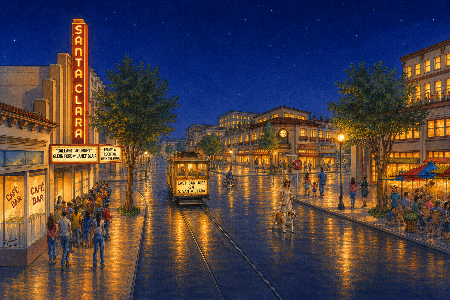 Nighttime rendering of a rebuilt Downtown Santa Clara with the marquee and storefronts glowing.