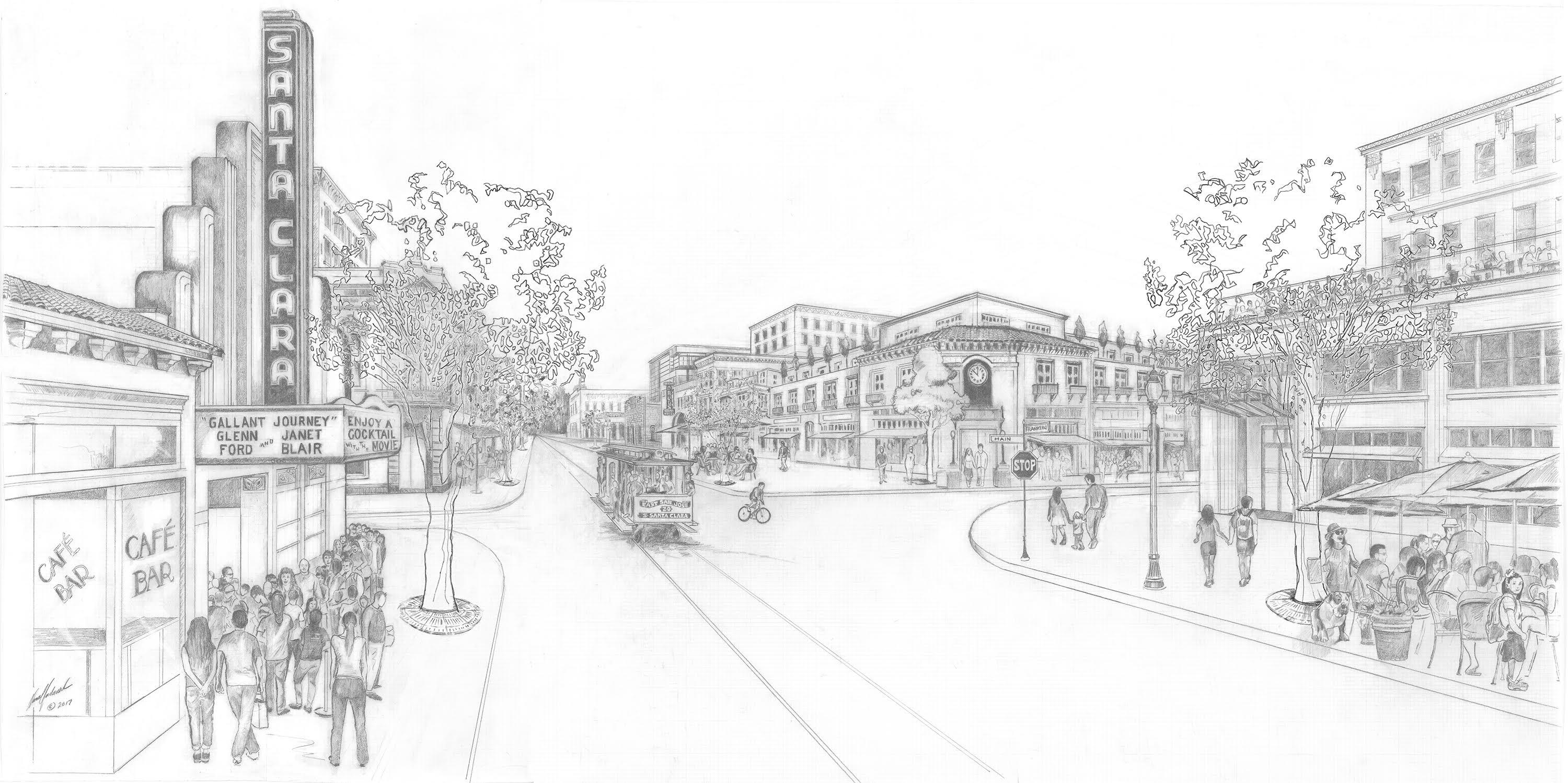 Pencil sketch of a rebuilt Downtown Santa Clara with the theater marquee and a trolley.