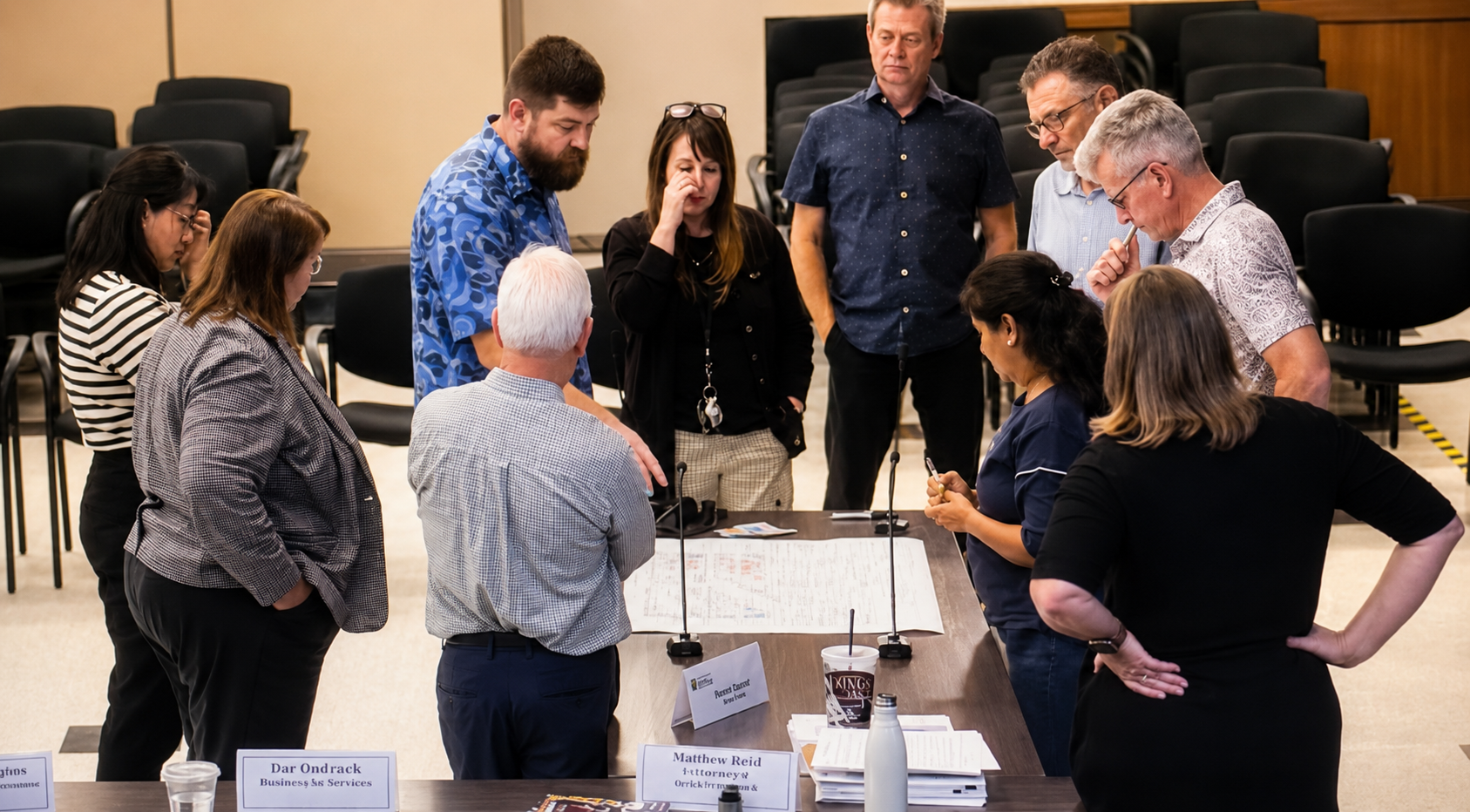 Members of the Downtown Community Task Force working together around a table.